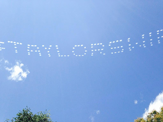 A sky-typed message spelled out in the sky advertising the upcoming Taylor Swift concert tour.